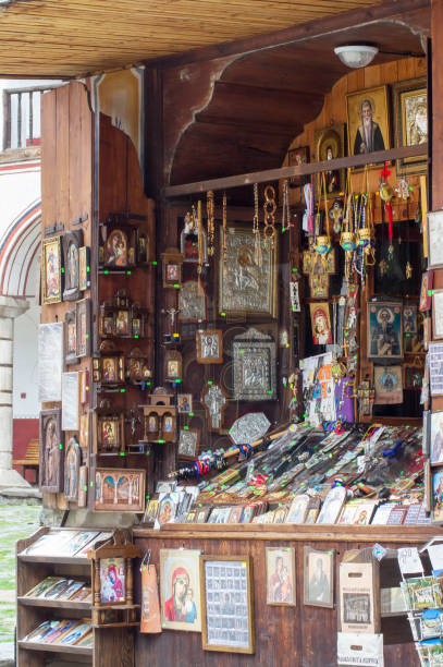 istock Religious souvenirs and artifacts on display at Rila Monastery, Rila, Bulgaria 1439882586