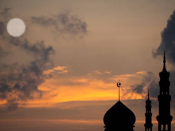 istock Mosques Dome,Moon on Dusk Sunset Twilight Sky Background 1439884748
