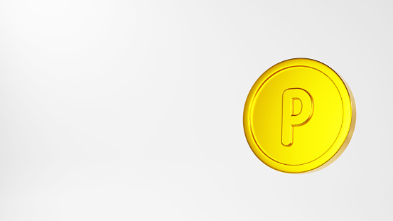 Background image of coins and gold coins with point P mark on white background.