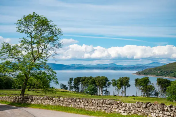 Beautiful summer weather,tranquil rural scene with bright sunshine,green grass,tree lined leafy trees,blue sky,calm Applecross bay in the background.
