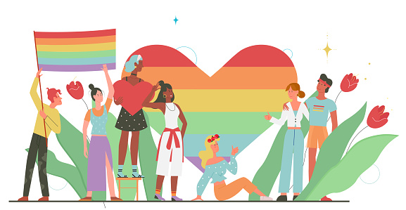 Community of people with LGBT pride heart symbol vector illustration. Cartoon man and woman hold rainbow flag, diversity of characters meeting in support of homosexual love, peace and LGBTQ lifestyle