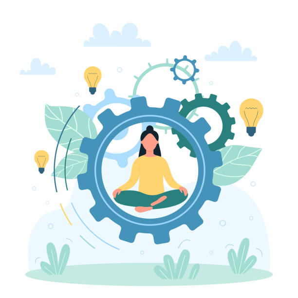 stockillustraties, clipart, cartoons en iconen met productivity, office yoga technique for effective work, tiny woman sitting in lotus pose - opluchting