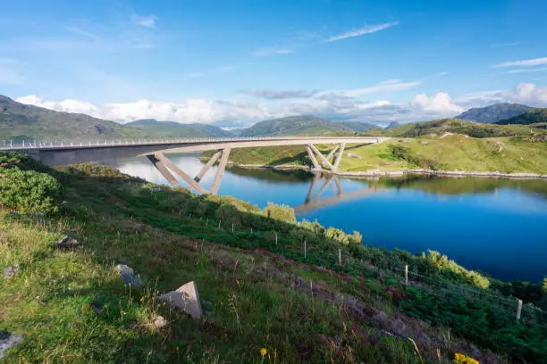 Distinctive modern curved,winding concrete box girder bridge,crossing the Loch a' ChÃ irn BhÃ in in Sutherland,.Pre sunset summer sunlight,blue sky and smooth water surface,beautiful green landscape.