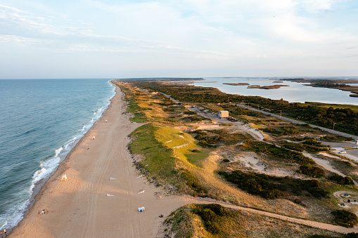 Aerial View of Sandbridge beach looking south to Back Bay National Wildlife Refuge in Virginia Beach