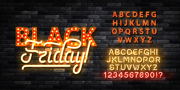 Vector realistic isolated neon marquee sign of Black Friday text with alphabet font on the wall background.