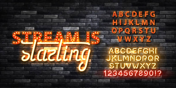 istock Vector realistic isolated retro marquee neon billboard with electric light lamps of Stream Is Starting symbol on the wall background. 1439890840