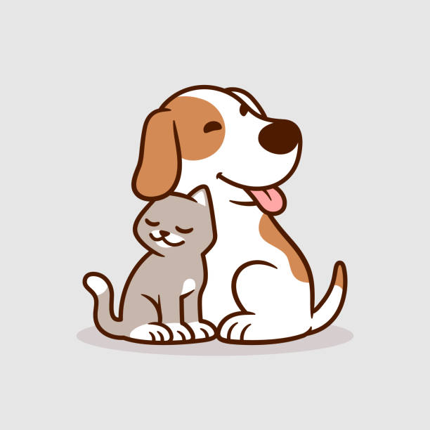 Cute Cat and Dog Flat Design Illustration vector art illustration