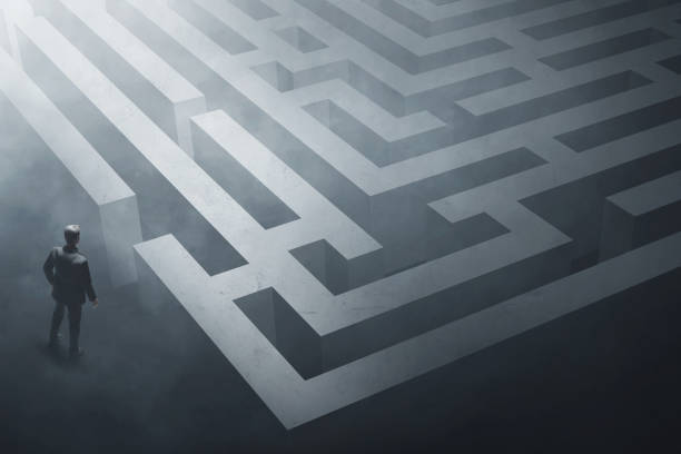 istock Business man playing labyrinth 3d illustration 1439893531
