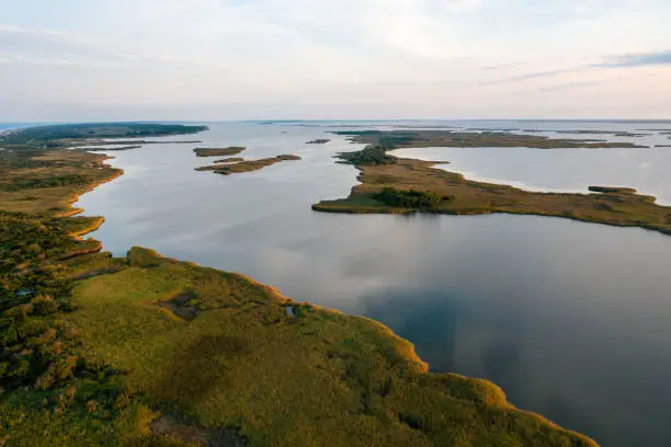 Aerial View of Back Bay in Virginia Beach looking south during golden hour