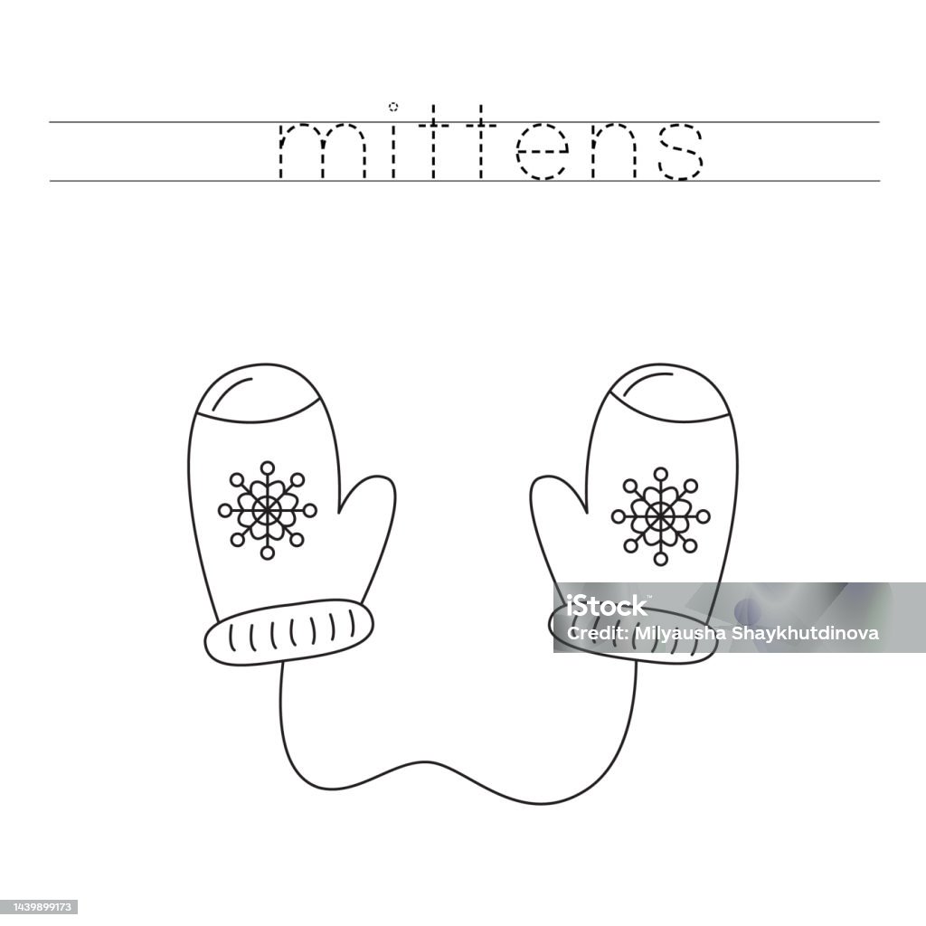 Mittens Script Trace The Letters And Color Mittens Handwriting Practice For Kids Stock ...