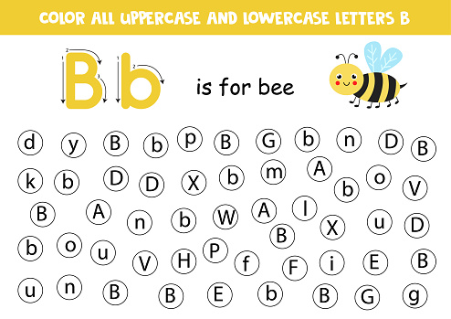 Find and color all letters B. Educational worksheet for learning alphabet. ABC letters. B is for bee.