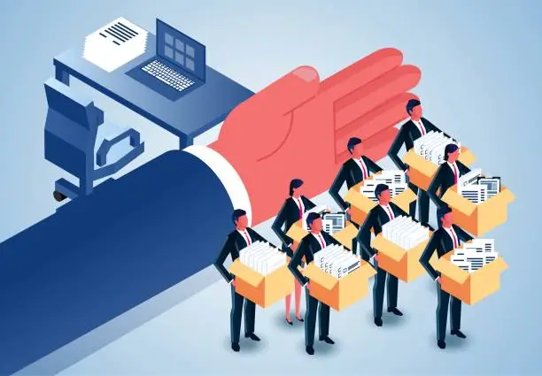 Vector illustration of Large-scale layoffs in the company's business, a group of businessmen white-collar workers dismissed, the economy, business project downturn or poor business performance of a large percentage of white-collar workers were dismiss