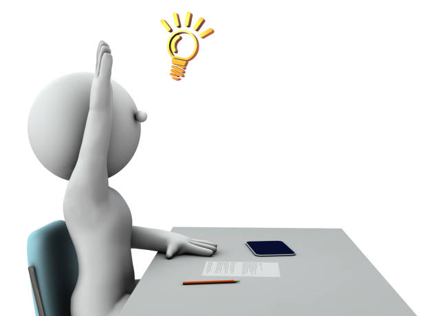 A child who raises his hand and announces. An active and intelligent student. A tablet device on the desk. 3D rendering. white background.