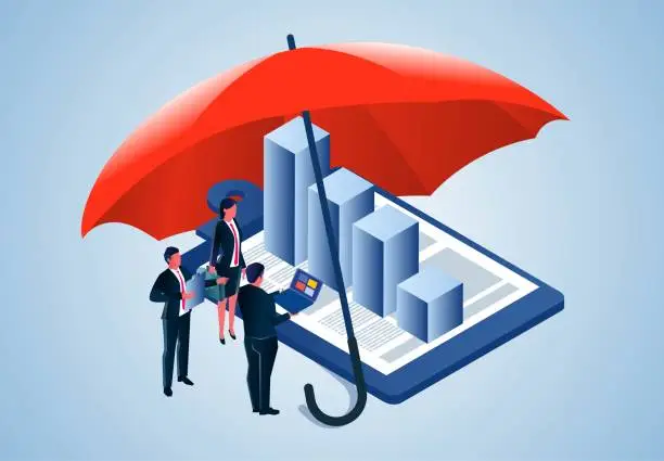 Vector illustration of Protection and insurance for investment or wealth growth, security and protection of economic or personal income, information security and protection of data, businessmen standing under a large umbrella of protection to discuss