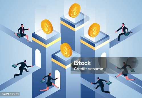 istock Business markets and business profit margins, isometric groups of business people clamoring to run through the door to reach and pursue gold coins, money-making investment strategies, investment or business plans, market analysi 1439903611