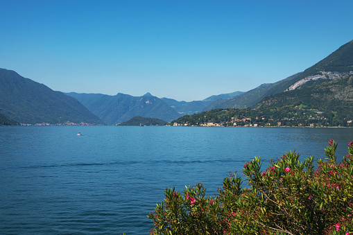 Beautiful panoramic view of Lake Como and the green European Alps in the background on a sunny summer day. Canton of Ticino, Switzerland.