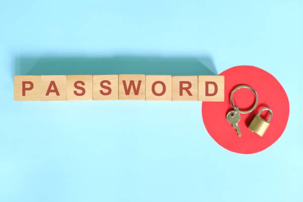 istock Password security, protection and management concept.  Wooden blocks typography in blue background. 1439905075