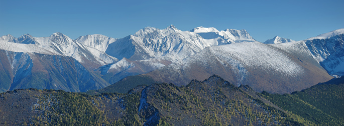 Mountain peaks covered with snow. Belukha Mountain, Altai. Panoramic image.