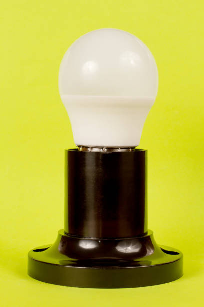Energy-saving LED lamp in the socket on a green background. Close-up electric lamp.