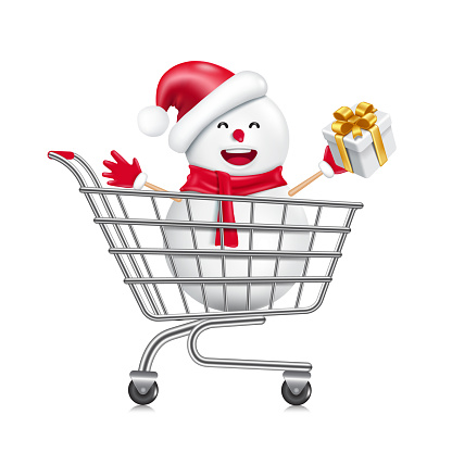 A snowman wearing a Santa hat stands in a shopping cart and holds a white gift box,vector 3d for online shopping christmas and new year concept,christmas promotion sale concept for advertising design