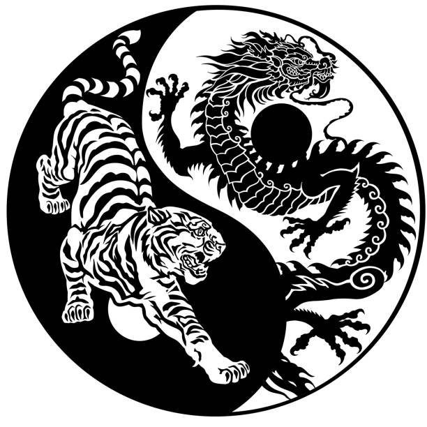 tiger and dragon silhouette yin yang. Tattoo Tiger versus Chinese dragon energy in the yin-yang symbol of harmony and balance. Silhouettes of the two celestial feng shui animals. Black and white tattoo. Graphic style vector illustration shaolin monk fight stock illustrations