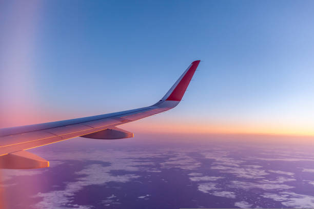 istock Airplane flight. Aircraft's wing and land seen through the illuminator 1439907260