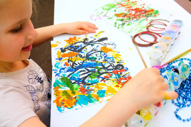 istock Child creativity. Painting with mixed media with abstract lines paints, abstract silhouettes dancing girls in an Indian costume, freehand lines 1439907914