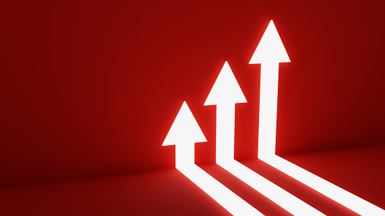 Three white arrows pointing up with a red background