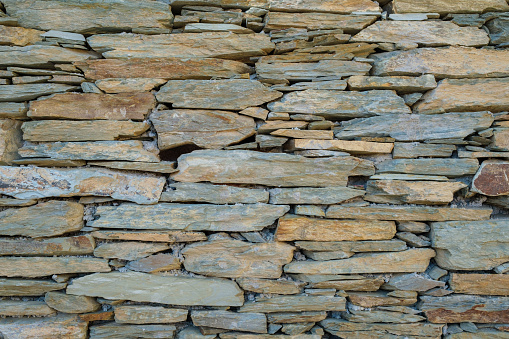 Close up of stacked stones as a wall texture. Full Frame