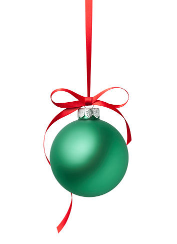 Green Christmas ball with red bow isolated on white background.