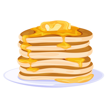 Pancakes with butter stack serving on plate vector flat illustration. Appetizing baking breakfast homemade dessert fat calories unhealthy food delicious snack. Traditional fresh domestic crepes pile