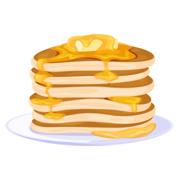 Pancakes with butter stack serving on plate vector flat baking breakfast homemade dessert vector art illustration