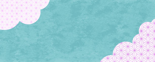 illustrazioni stock, clip art, cartoni animati e icone di tendenza di materiale di sfondo in stile giapponese con trama di carta giapponese con motivo a foglia di canapa rosa su sfondo verde blu. - leaf green backgrounds flower
