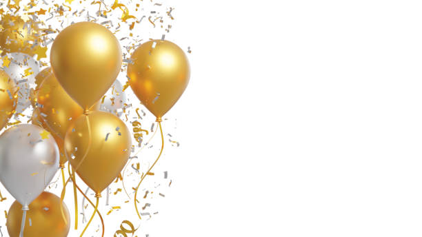 istock Gold and silver balloons with foil confetti falling on white background 3d render 1439911962