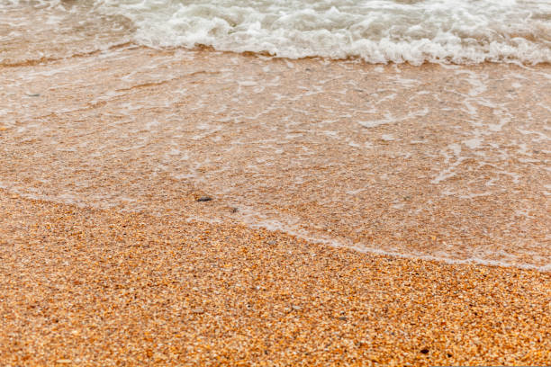 istock Sea waves on the sandy shore on a cloudy day. Rest on the sea 1439913376