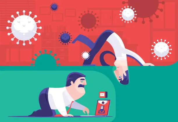 Vector illustration of businessman burying head with colleague working underground in office while viruses surrounding