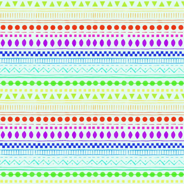 Vector illustration of Neon Vibrant Colored Watercolor Seamless Tribal Pattern. Hand Drawn Stripes, Triangles and Circles Pattern Background. Design Element for Greeting Cards and Labels, Marketing, Business Card Abstract Background.