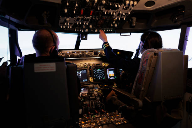 istock Woman copilot assisting captain to takeoff and fly airplane 1439915983
