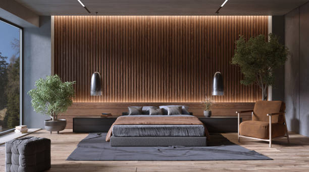 istock Modern bedroom interior with slat wood wall panels, 3d rendering 1439917174