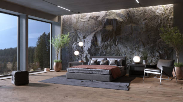 istock Natural Mountain Rock Wall in modern bedroom interior, 3d render 1439917180