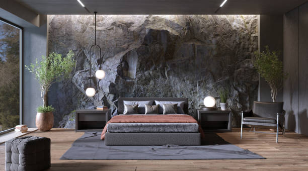Natural Mountain Rock Wall in modern bedroom interior, 3d render