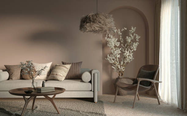 istock Minimalist interior design on arch wall background. Wall mockup concept, 3d render 1439917203
