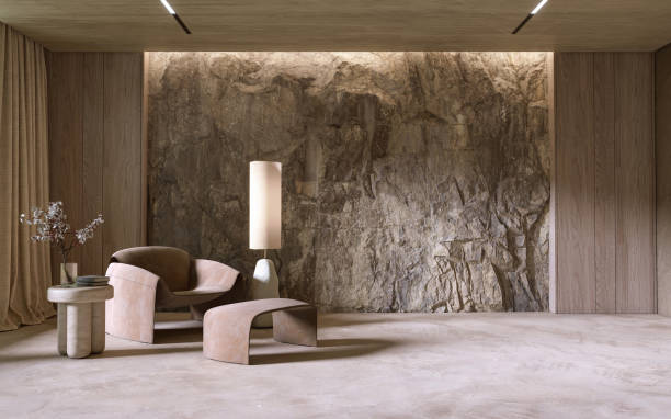 istock Natural Mountain Rock Wall in modern living room interior, 3d render 1439917206