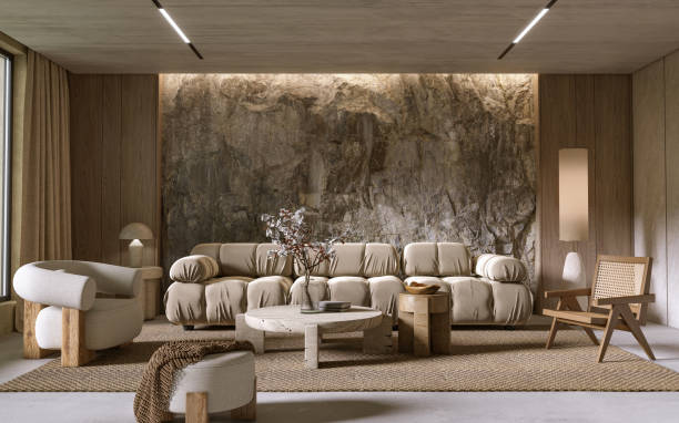 Natural Mountain Rock Wall in modern living room interior, 3d render