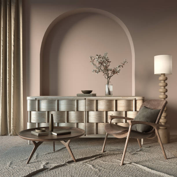 istock Minimalist interior design on arch wall background. Wall mockup concept, 3d render 1439917221