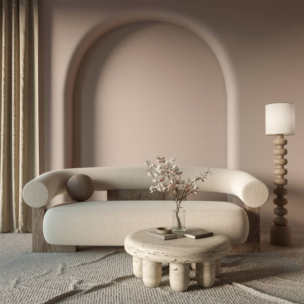 istock Minimalist interior design on arch wall background. Wall mockup concept, 3d render 1439917236