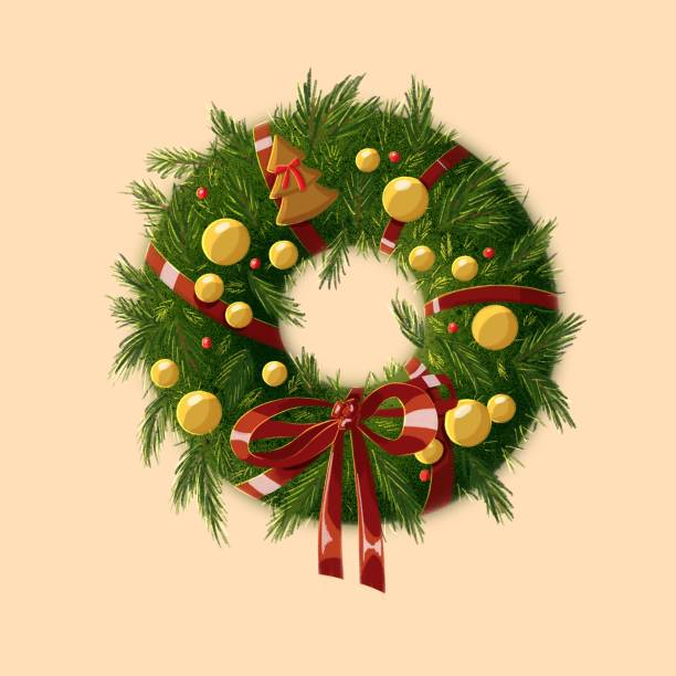 istock Christmas wreath with balls and bow Christmas and New Year Illustration 1439918212