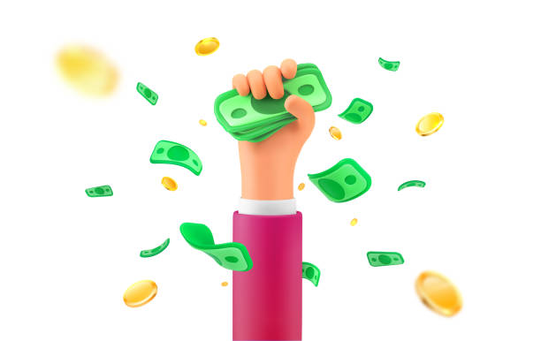 Jackpot winning celebration. Lottery winner vector illustration. Human hand catch stack of bills. Falling money and cartoon arm on white background. Design elements Jackpot winning celebration. Lottery winner vector illustration. Human hand catch stack of bills. Falling money and cartoon arm on white background. Design elements. money stock illustrations