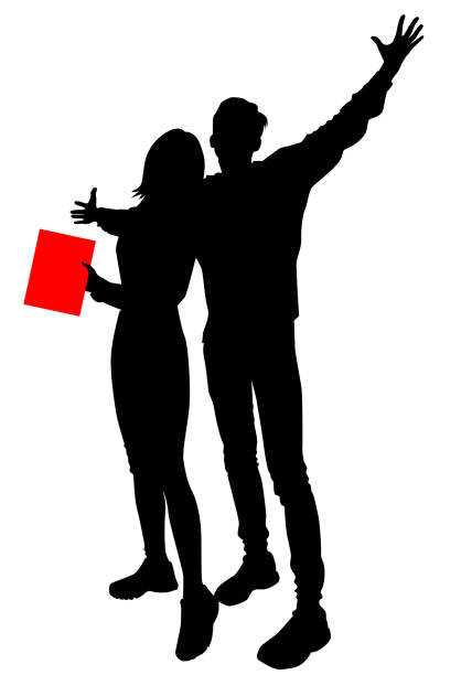 ein paar junge leute, ein typ mit einem mädchen, das eine rote tablette auf weißem hintergrund hält - silhouette student teenager university stock-grafiken, -clipart, -cartoons und -symbole