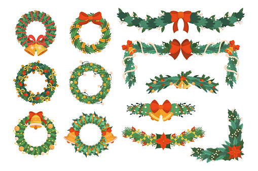 Set of Christmas Tree Wreaths and Garlands, Isolated Winter Decoration of Plants, Berries, Leaves and Toys, Fir or Pine Branches and Bows for Invitation or Greeting Card. Cartoon Vector Illustration